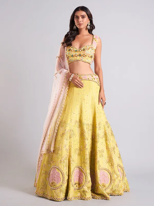 Stunning lime yellow lehenga choli in silk
