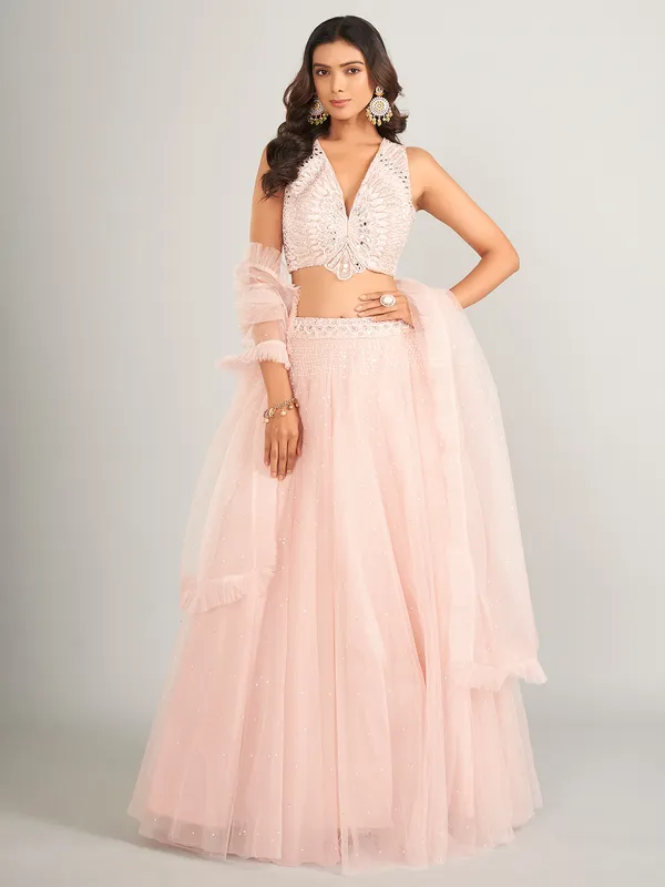 Stunning light pink net lahenga choli