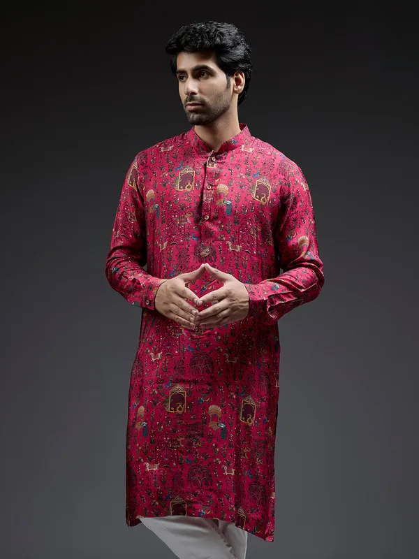 Stunning magenta applique print silk kurta suit