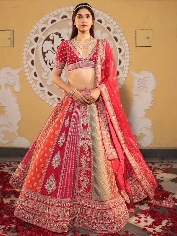 Stunning multi color raw silk lehenga choli