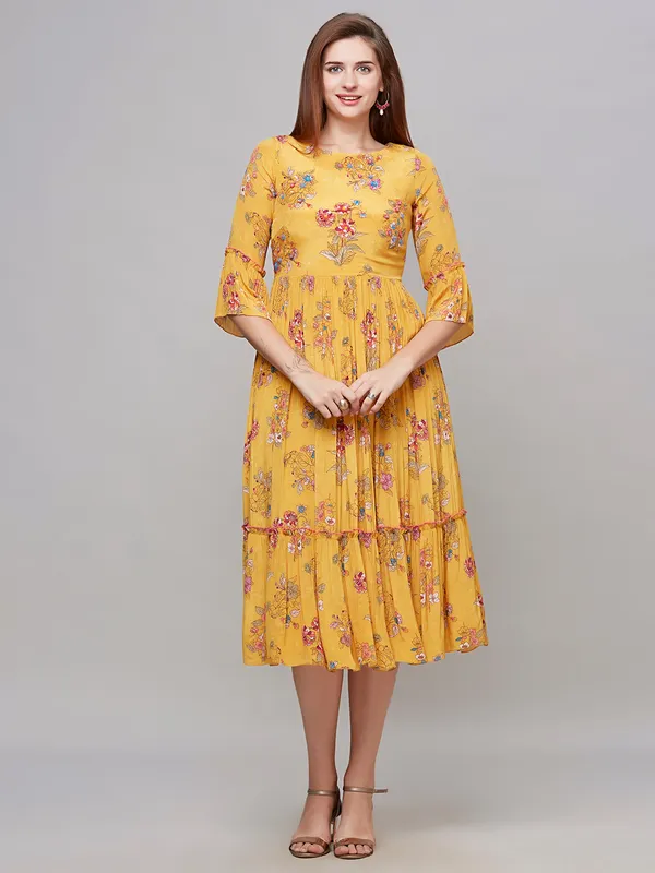 Stunning mustard yellow cotton printed kurti