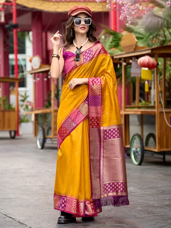 Stunning mustard yellow saree in banarasi silk