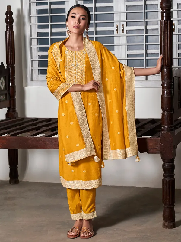 Stunning mustard yellow silk kurti set