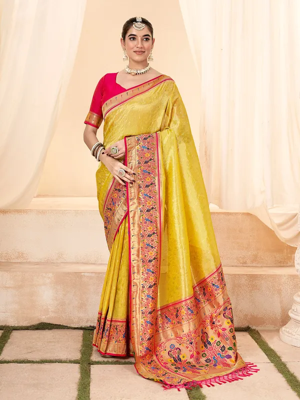 Stunning mustard yellow tissue silk saree