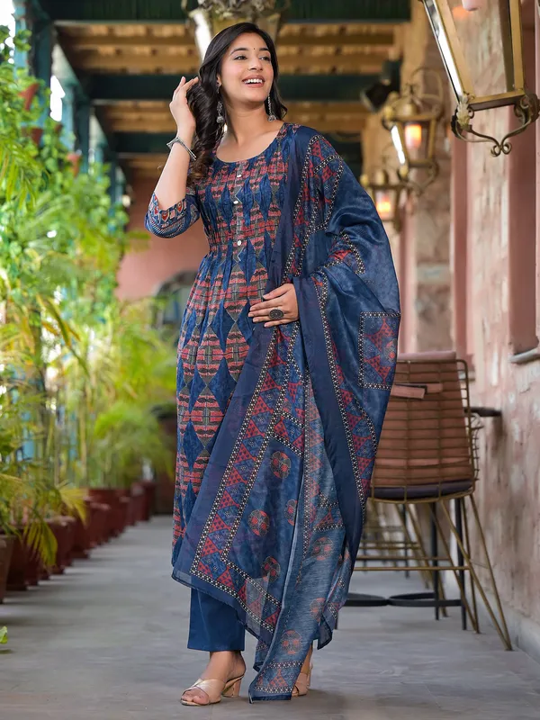 Stunning navy cotton printed kurti set