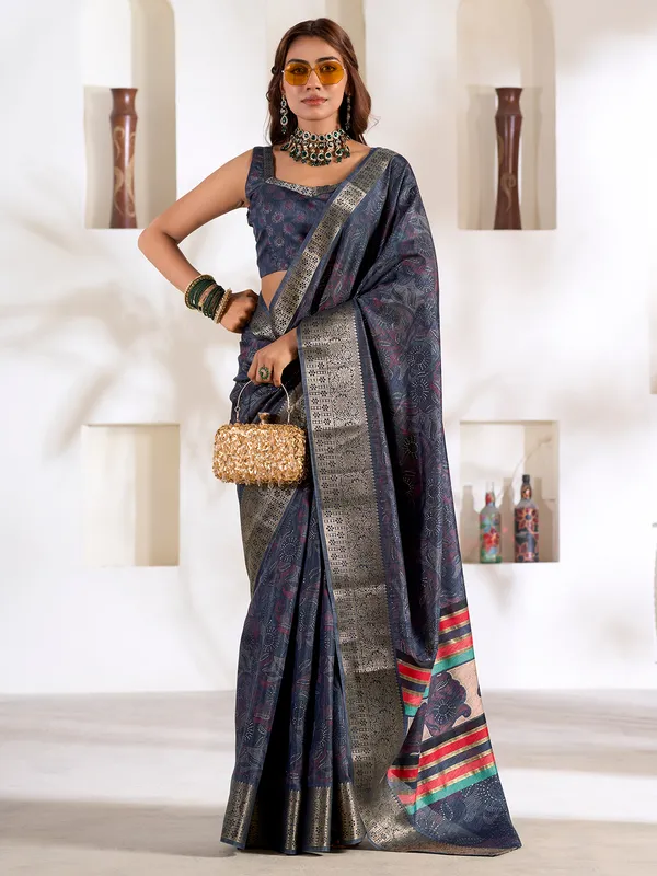 Stunning navy printed silk saree