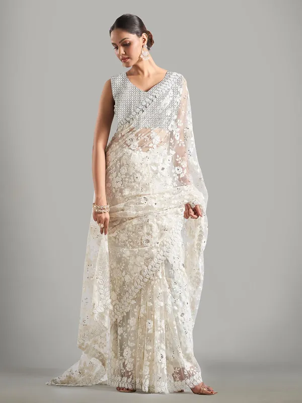 Stunning net white saree