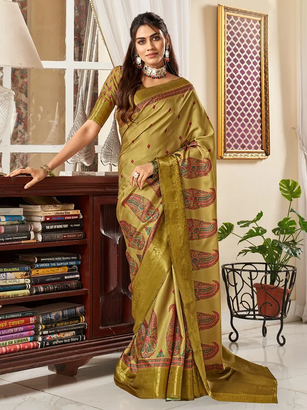 Stunning olive printed satin saree