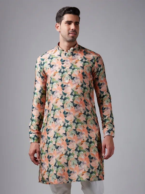 Stunning peach printed silk kurta suit