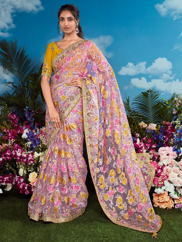Stunning pink organza printed saree