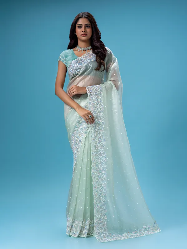 Stunning pista green organza saree