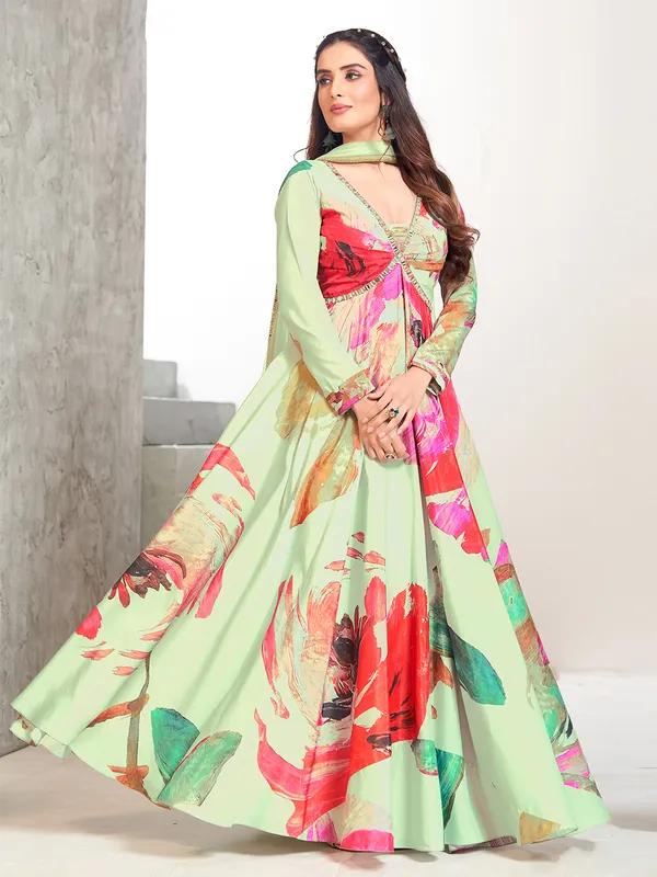 Stunning pista green printed anarkali suit