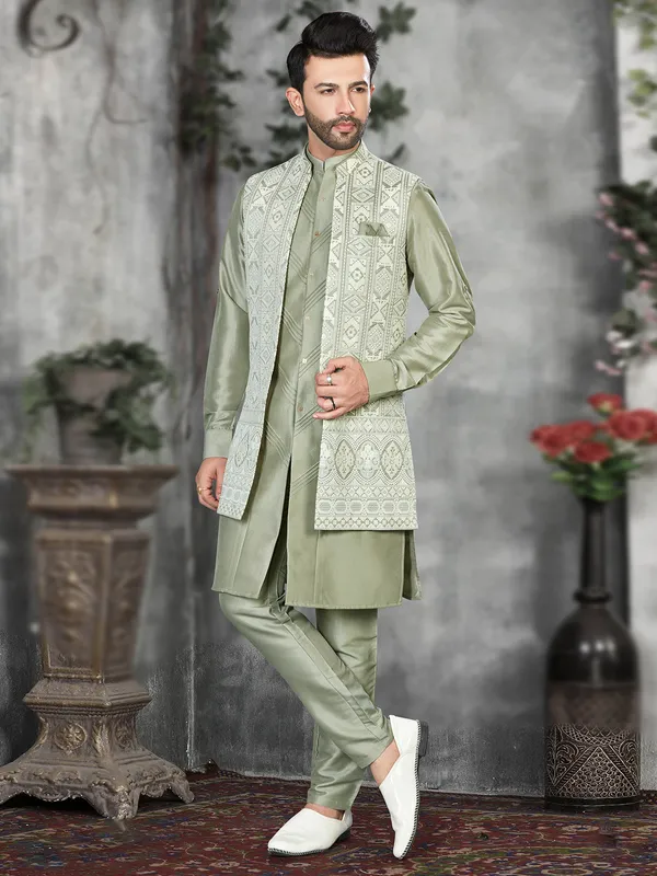 Stunning pista green silk waistcoat set