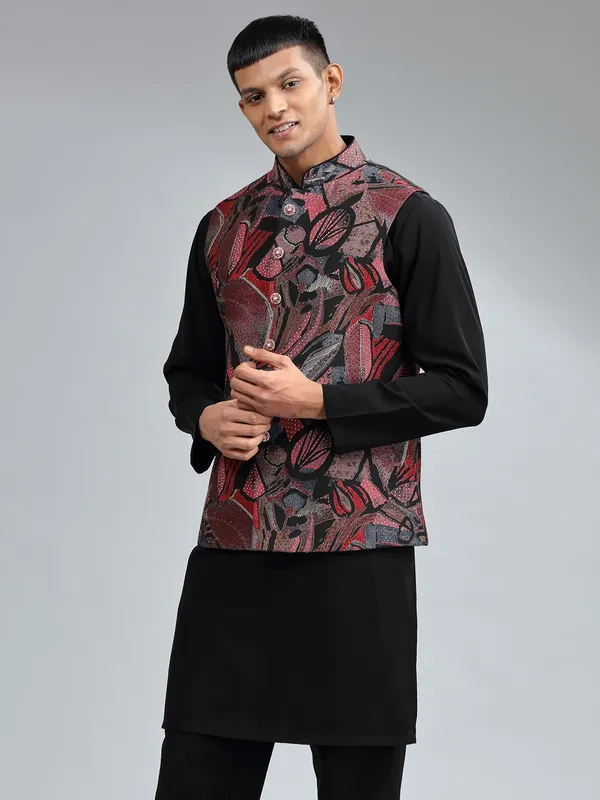 Stunning printed silk black waistcoat set