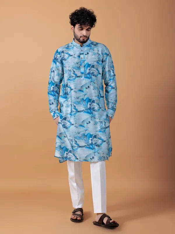 Stunning printed sky blue cotton  Men Kurta pajama