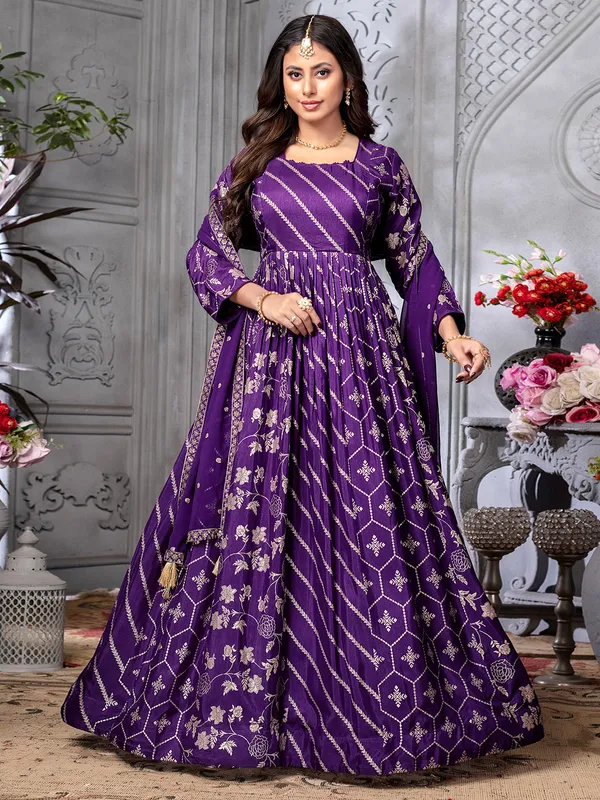 Stunning purple banarasi silk anarkali suit