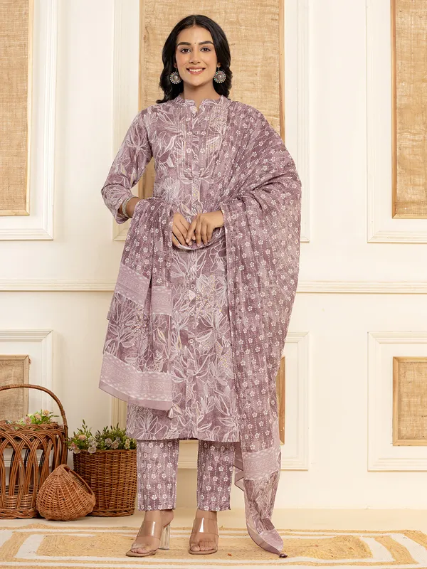 Stunning purple cotton printed kurti set