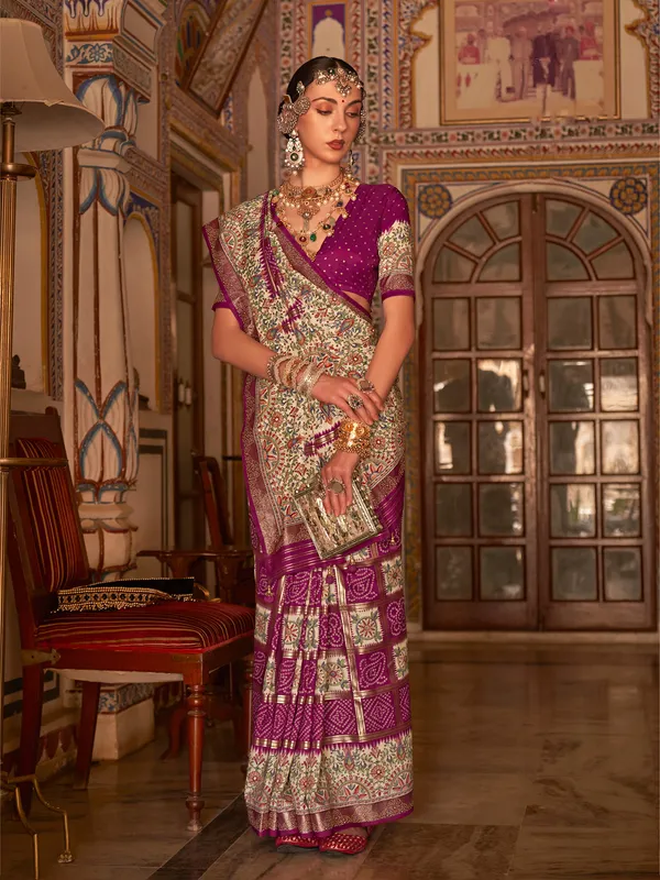 Stunning purple printed silk saree