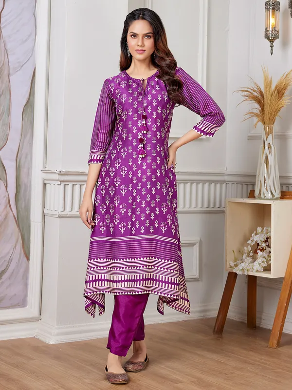 Stunning purple russian silk printed kurti set