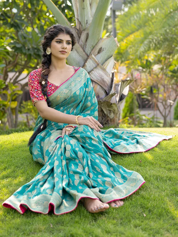 Stunning rama blue silk wedding saree