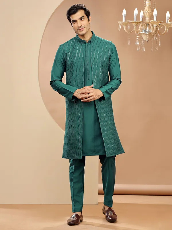 Stunning rama green silk indowestern