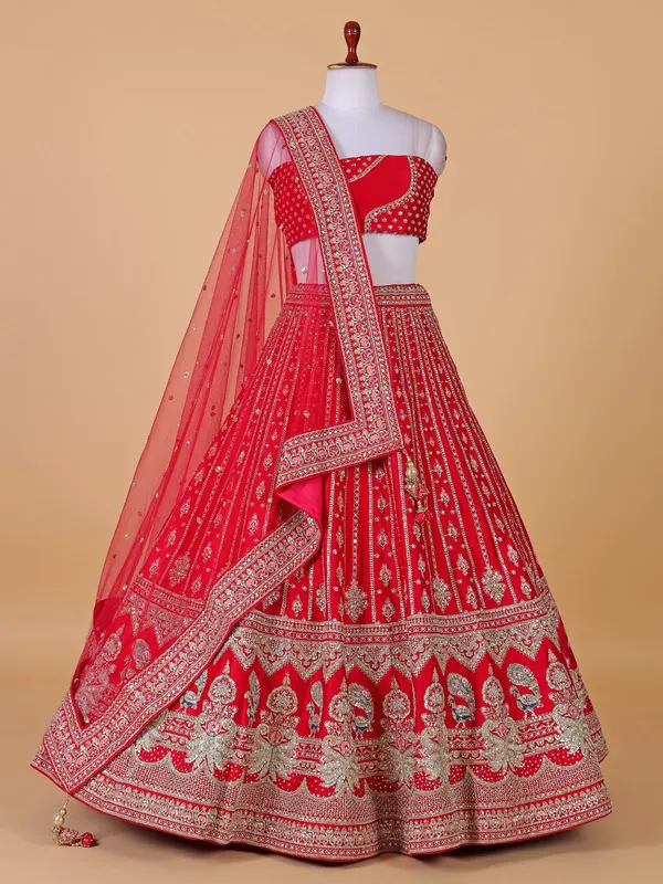 Stunning rani color raw silk unstitched lehenga choli