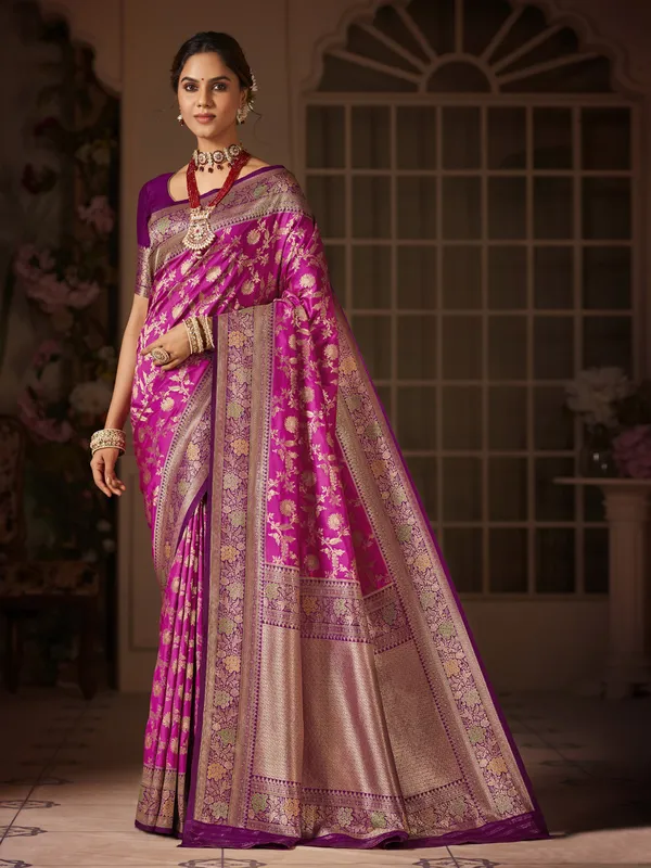 Stunning rani color silk saree for wedding