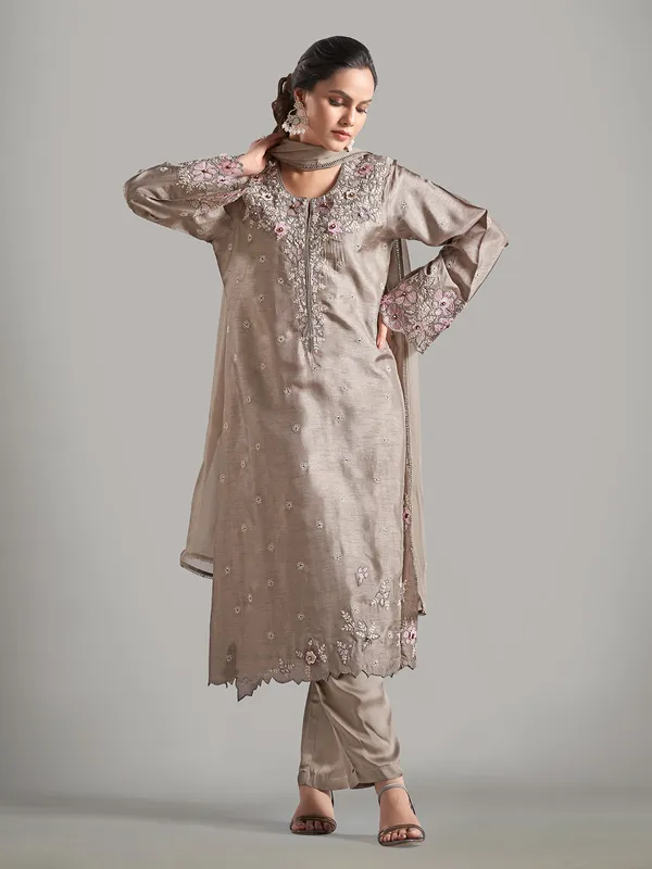 Stunning raw silk beige salwar suit