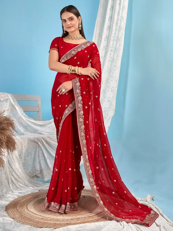 Stunning red embroidery georgette saree