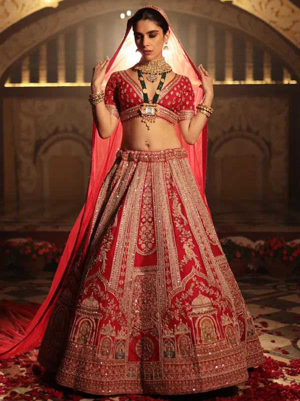 Stunning red lahenga choli in raw silk