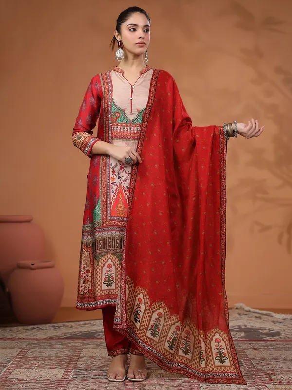 Stunning red printed silk kurti set