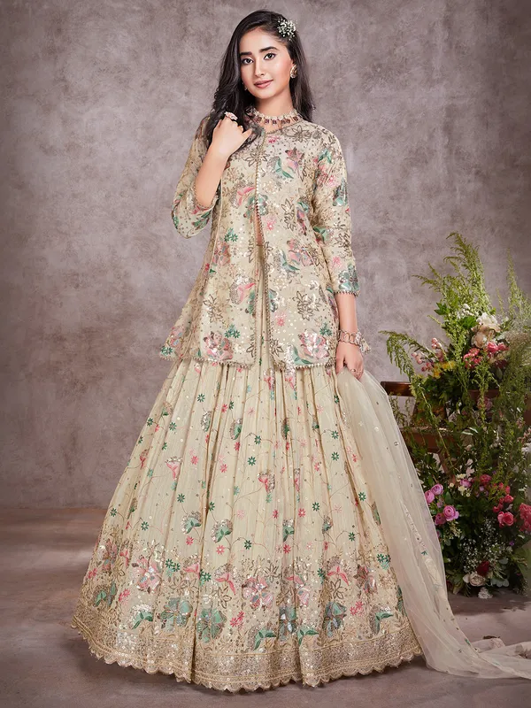 Stunning silk beige lehenga choli with jacket