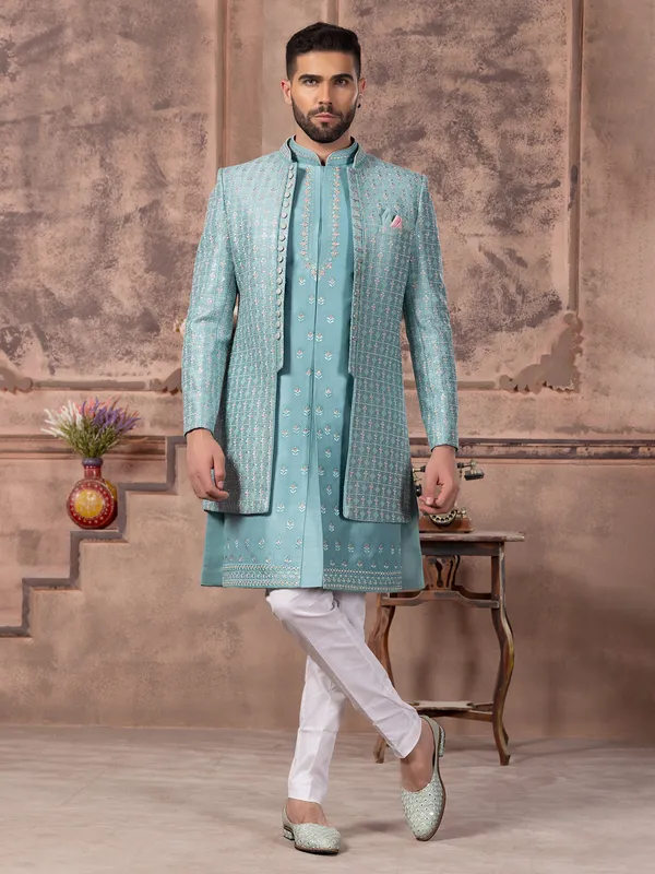 Stunning silk sky blue indowestern