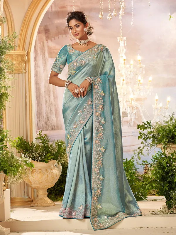 Stunning sky blue banarasi silk saree