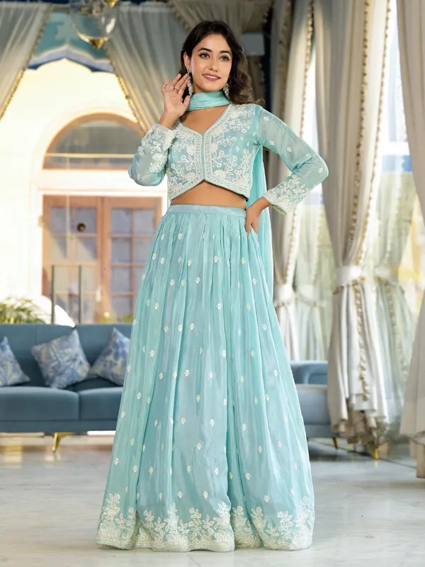 Stunning sky blue chiffon lehenga choli