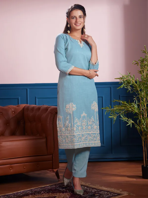 Stunning sky blue kurti set in cotton