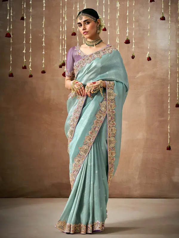 Stunning sky blue saree in dola silk