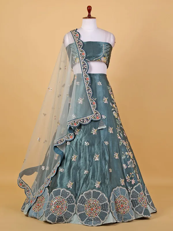 Stunning stone blue silk unstitched lehenga choli