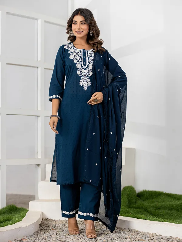 Stunning teal blue cotton kurti set with dupatta
