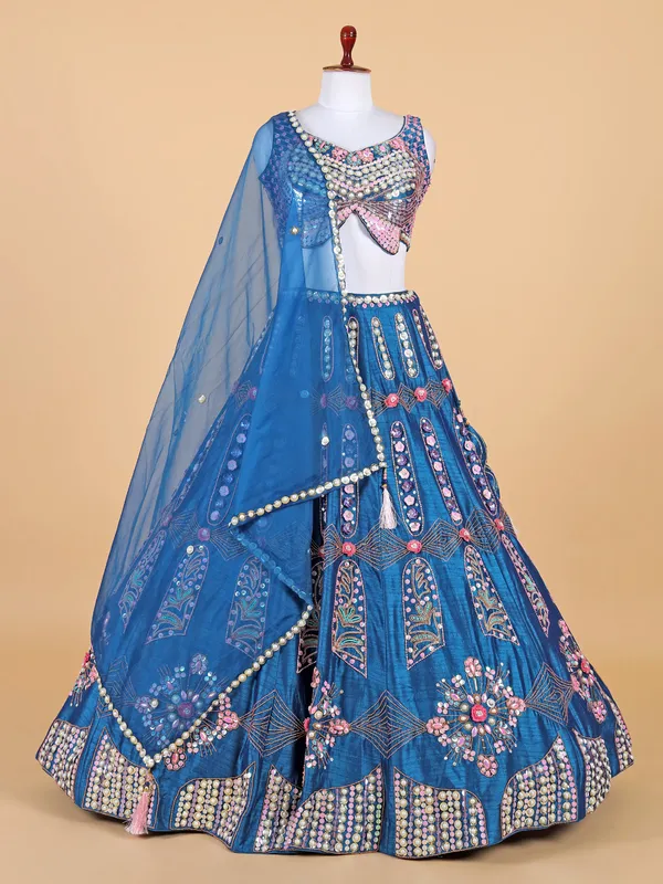 Stunning teal blue lehenga choli in raw silk