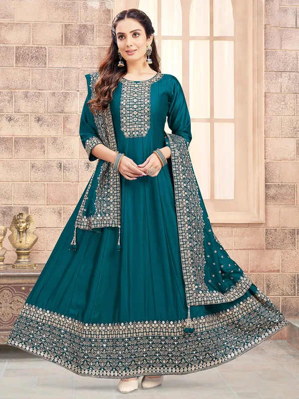 Stunning teal blue silk anarkali suit for women