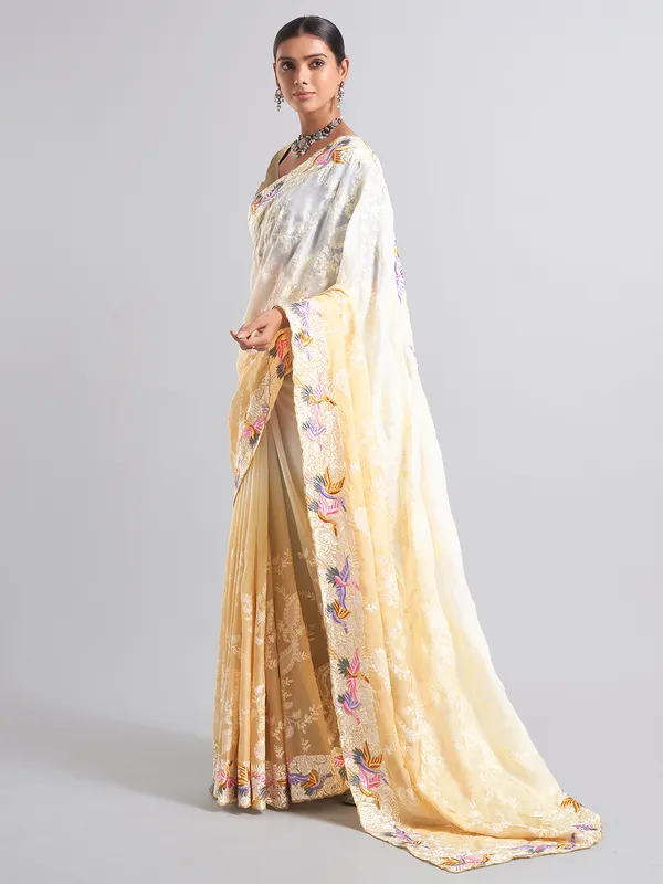 Stunning white and beige chiffon saree