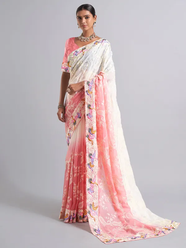 Stunning white and pink saree