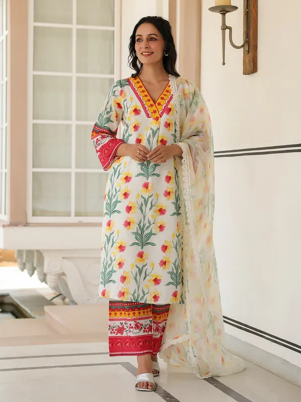 Stunning white printed cotton kurti set