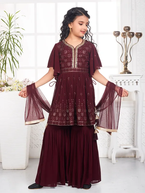 Stunning wine georgette sharara suit