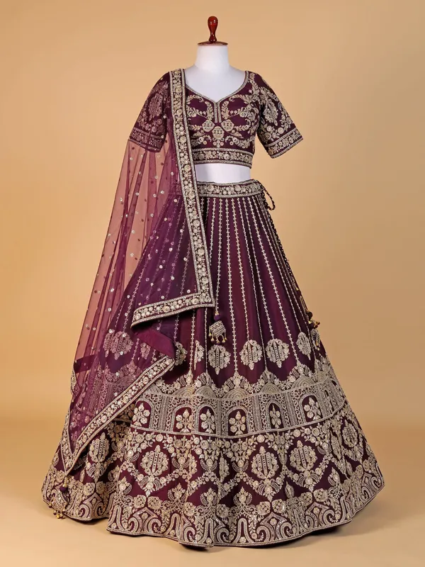 Stunning wine raw silk lahenga choli