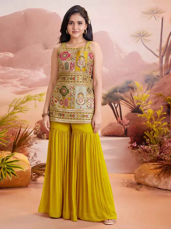 Stunning yellow embroidery sleeveless sharara set