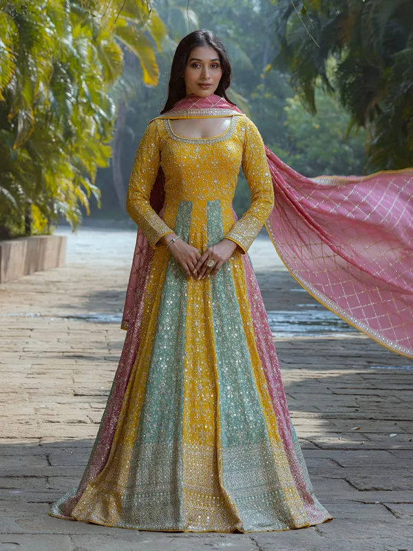 Stunning yellow georgette floor length suit