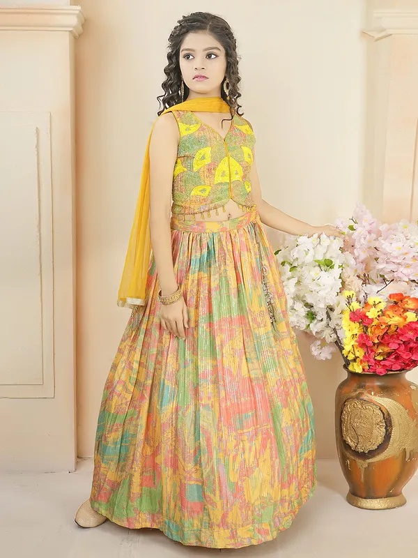 Stunning yellow printed silk lehenga choli