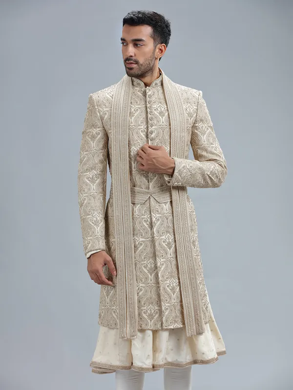 Stuuning cream raw silk sherwani